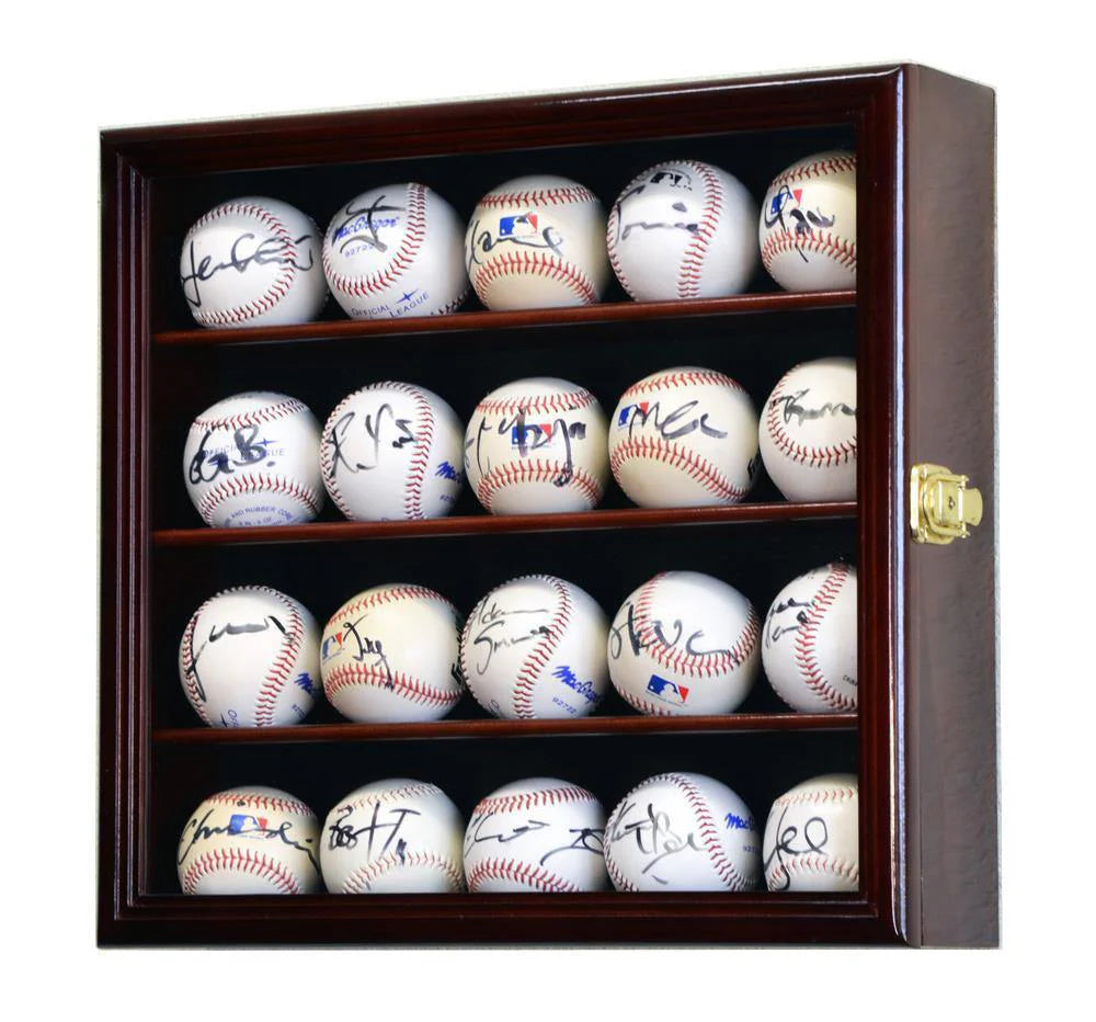 UV locking wooden display case with shelves holding signed baseballs on a white background