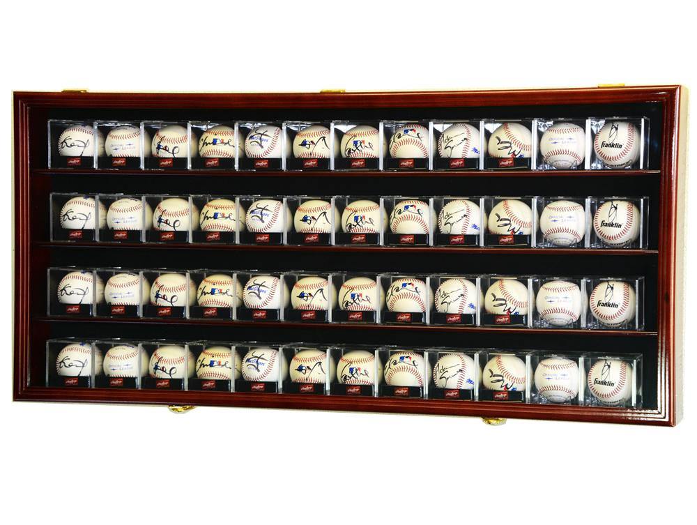 Wooden display case with multiple signed baseballs in acrylic cubes on a white background