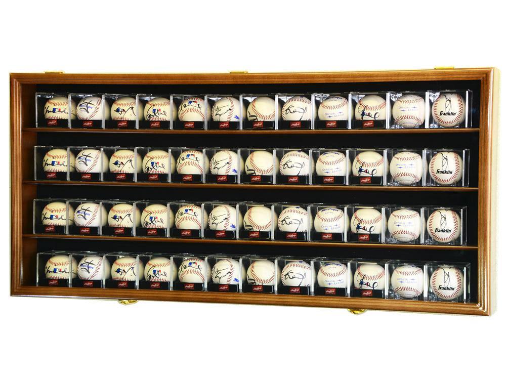 UV locking wooden display case with shelves holding cubed baseballs with autographs on a white background