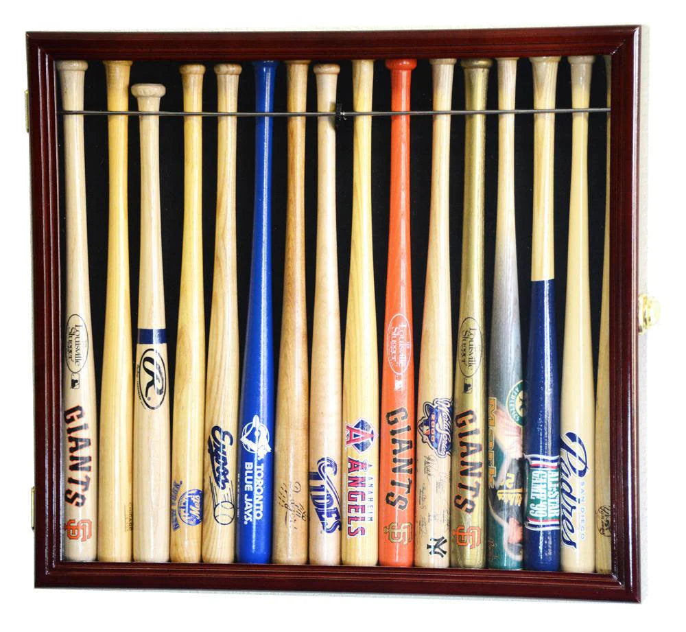 Collection of mini baseball bats in a display case with various team logos.