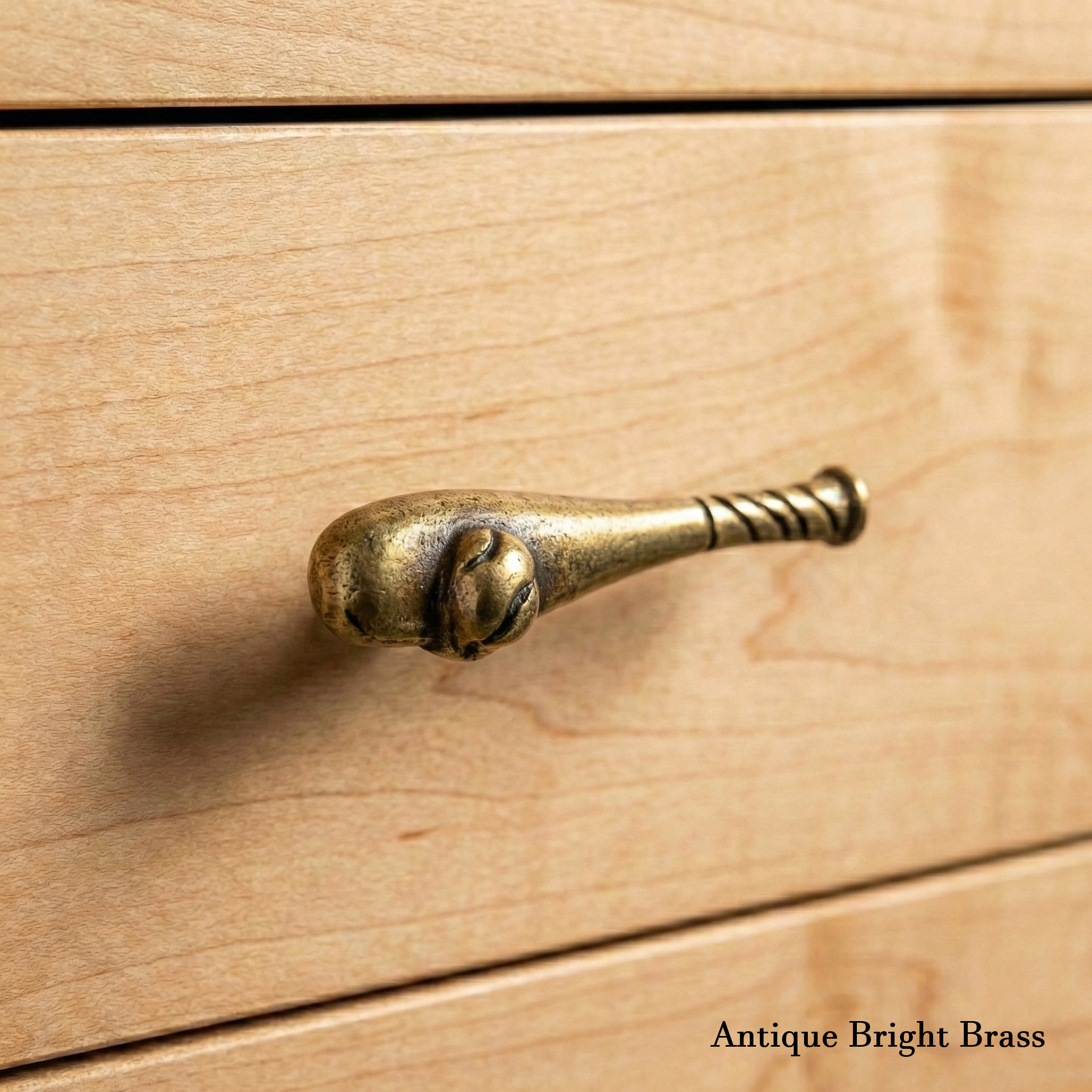 Antique Bright Brass Baseball Bat Drawer Pull Knob on wooden drawer