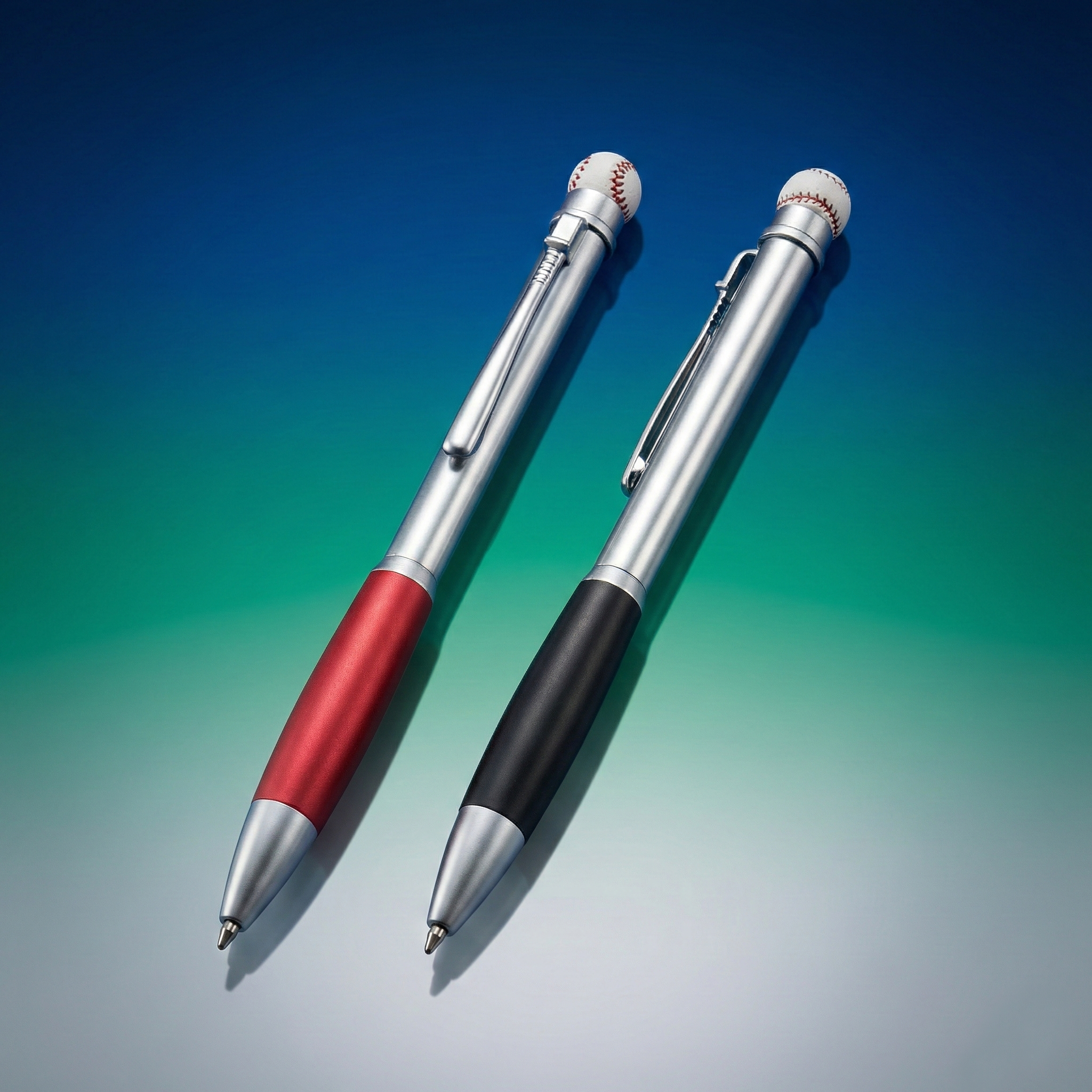 Two writing pens with baseball tops on a gradient blue and green background