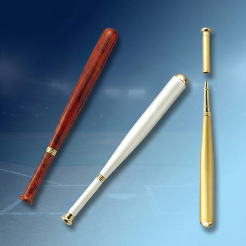 Three decorative baseball bats pens in red rosewood, pearl white, and satin gold on a blue gradient background