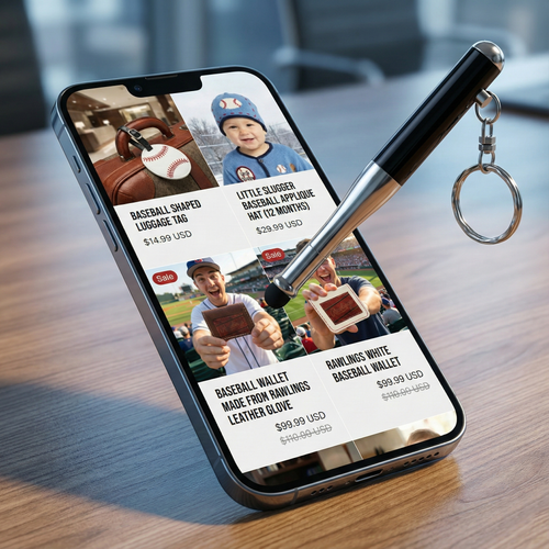 Baseball Bat Stylus Pen Key Chain with Light with phone on the Everything Baseball mobile website store