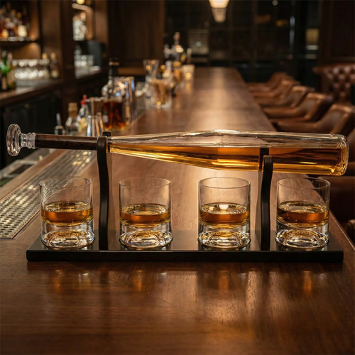 Baseball Bat Whiskey Decanter Set with 4 Glasses in a nice bar setting.