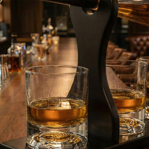 Bar scene with a baseball glass of whiskey, surrounded by other glasses and bottles.