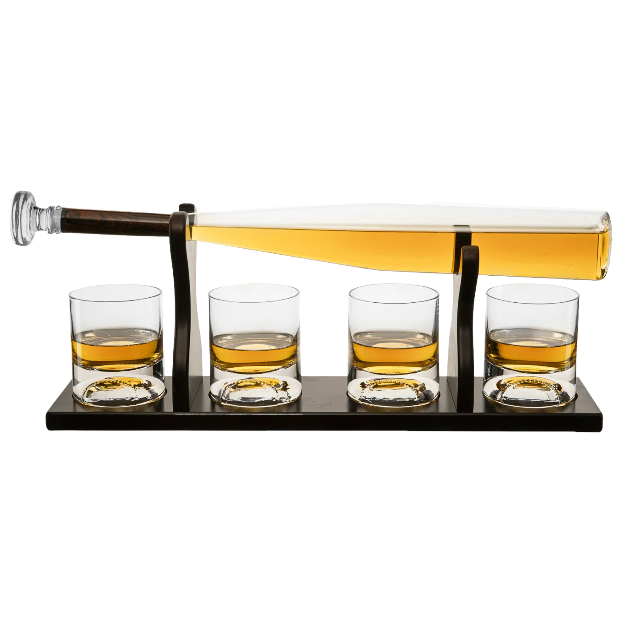 Baseball Bat Whiskey Decanter Set with 4 Glasses on white background.