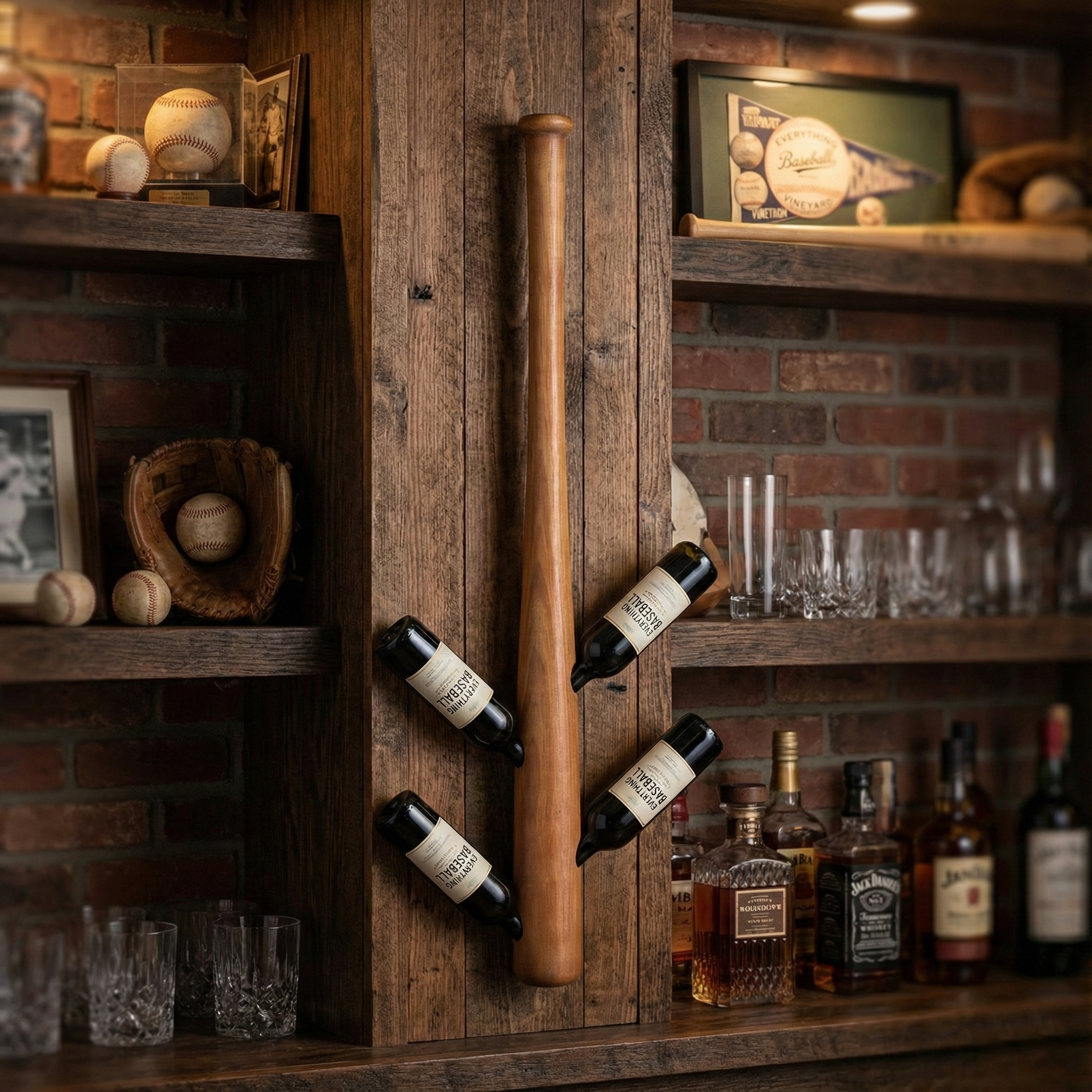 Wooden baseball bat holding wine bottles, displayed against a rustic bar background.
