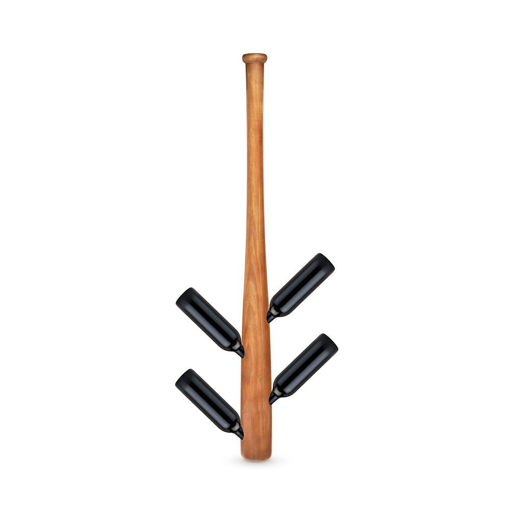 Wooden baseball bat holding four black wine bottles on a white background