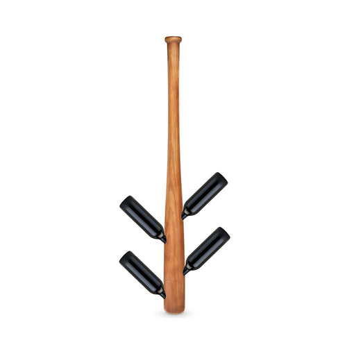 Wooden baseball bat holding four black wine bottles on a white background