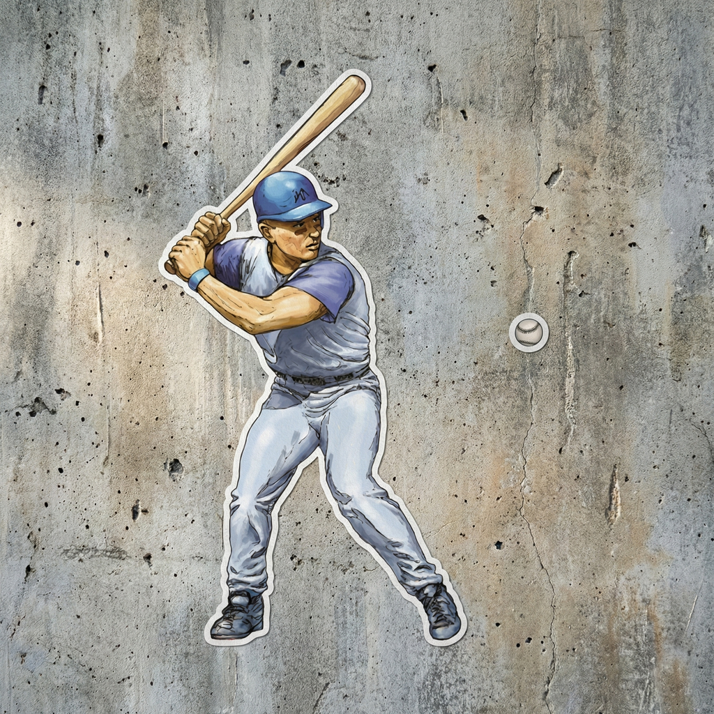Peel away stickers of a baseball player swinging a bat at a baseball against a textured wall background