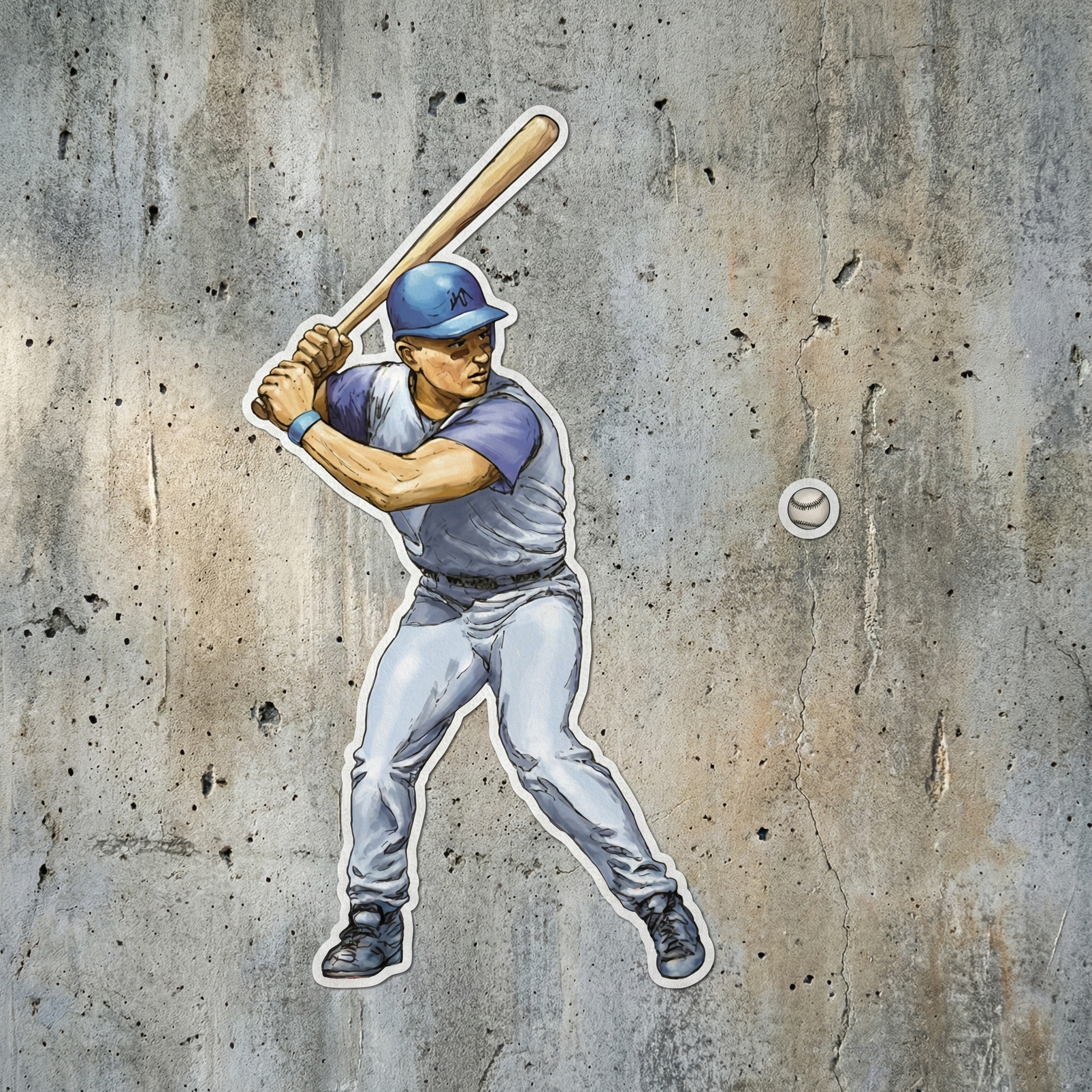 Peel away stickers of a baseball player swinging a bat at a baseball against a textured wall background