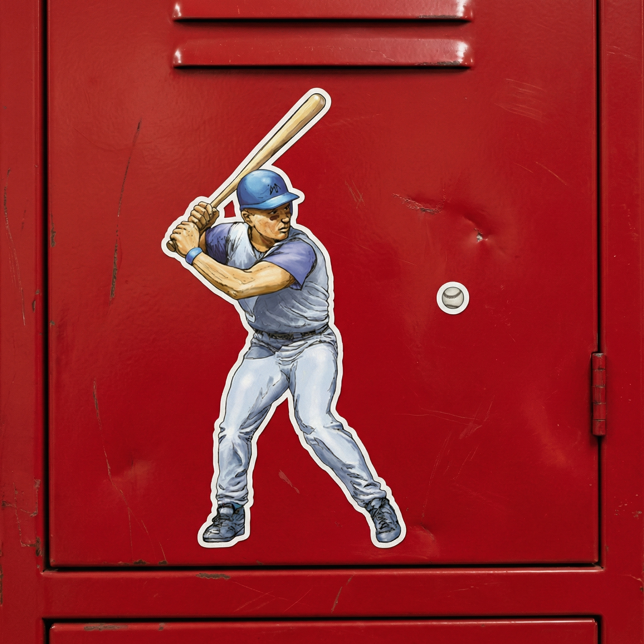 Baseball player and ball sticker on a red locker