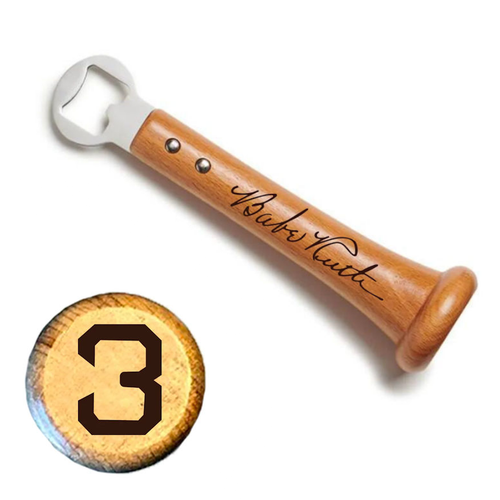 Wooden baseball bat bottle opener with 'Babe Ruth' engraving on a white background