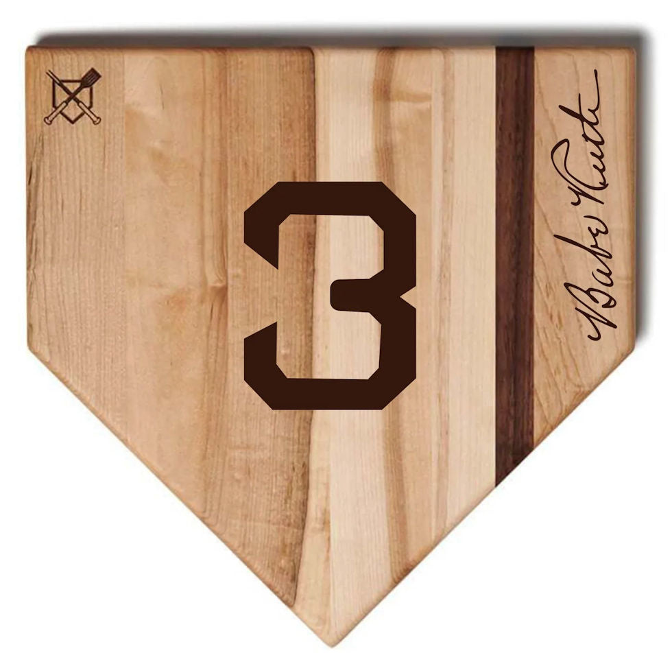 Babe Ruth Home Plate Cutting Board with 3 and signature on a white background