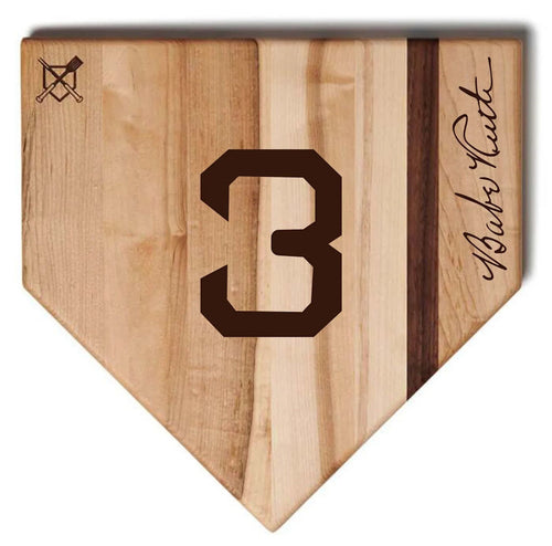 Babe Ruth Home Plate Cutting Board with 3 and signature on a white background