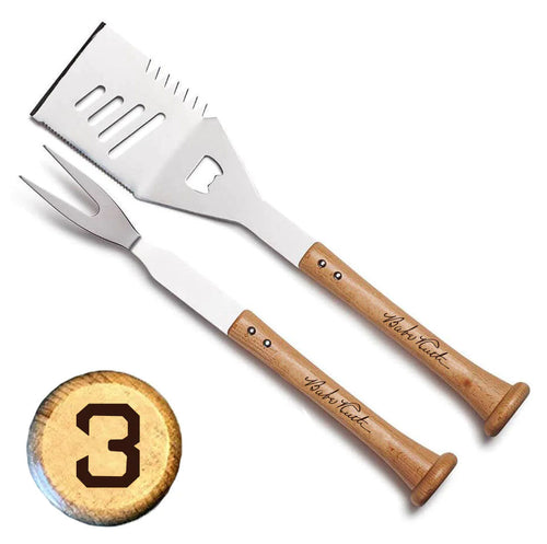 Babe Ruth BBQ Turn Two Grill Set with wooden bat handles on a white background