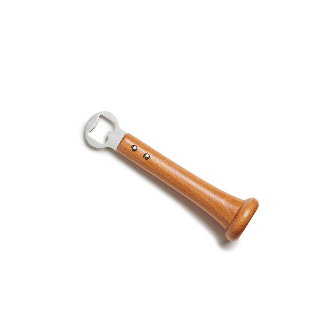 Wooden-handled baseball bat bottle opener on a white background
