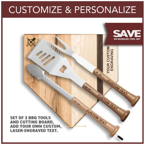 Set of 3 Baseball BBQ tools and home plate cutting board with customizable text on a wooden background