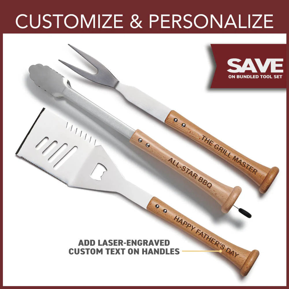 Three BBQ tools with wooden baseball bat handles on a red background, featuring text about customization and saving on bundled tool sets.