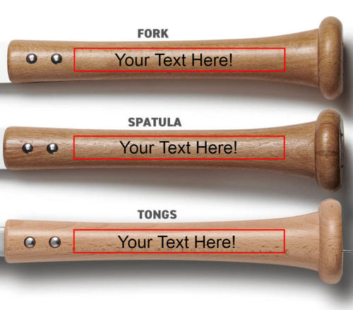 Wooden baseball bat kitchen utensils with customizable text labels on a white background