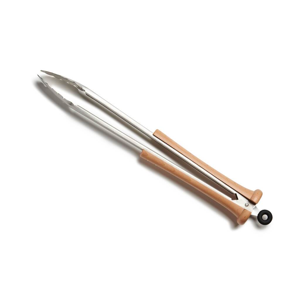 Grill tongs with wooden baseball bat handles on a white background