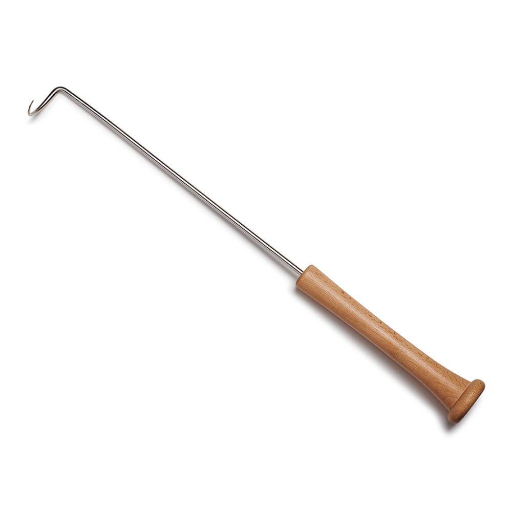 Metal pigtail hook with wooden baseball bat handle on a white background