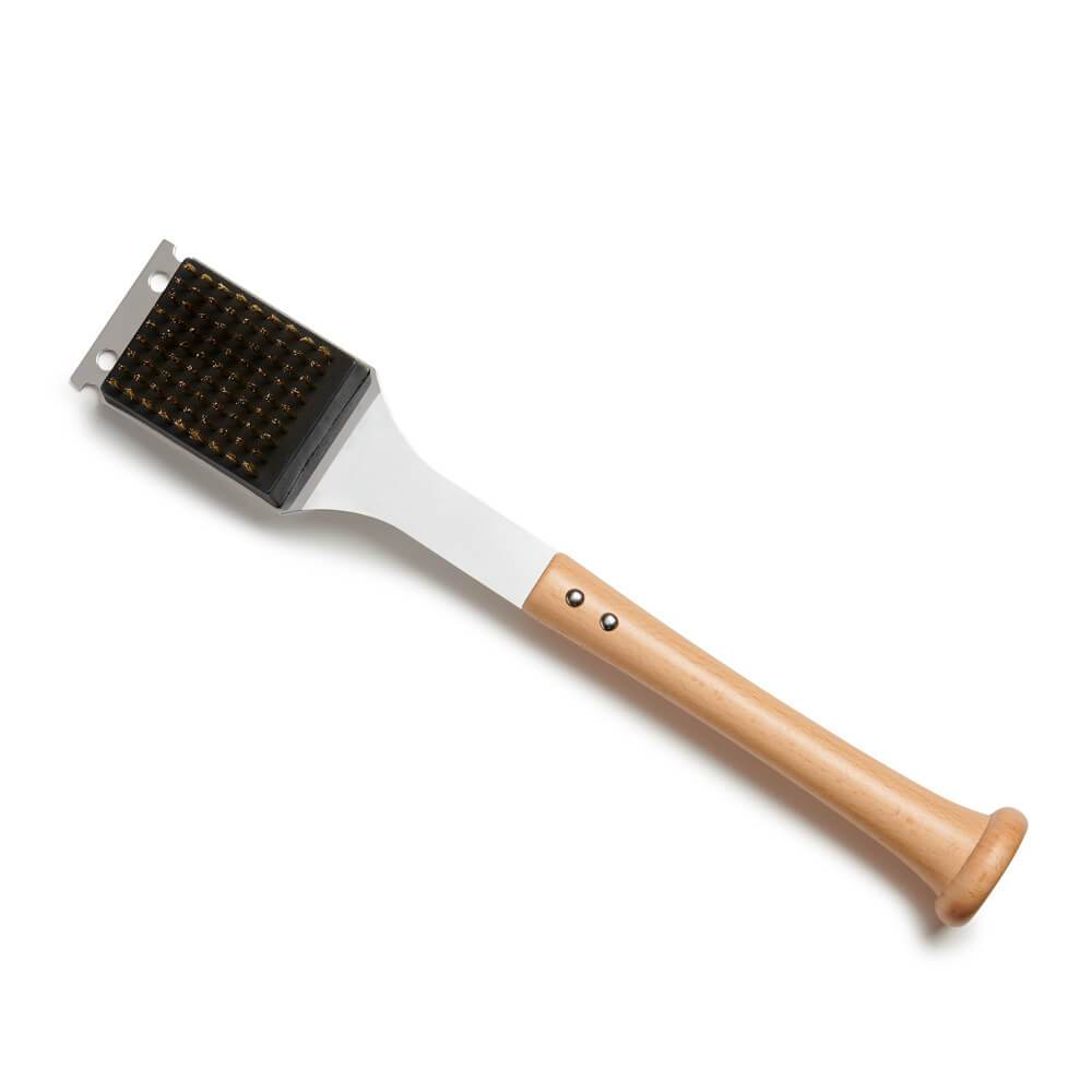 Barbecue grill brush with wooden baseball bat handle and metal bristle head on a white background