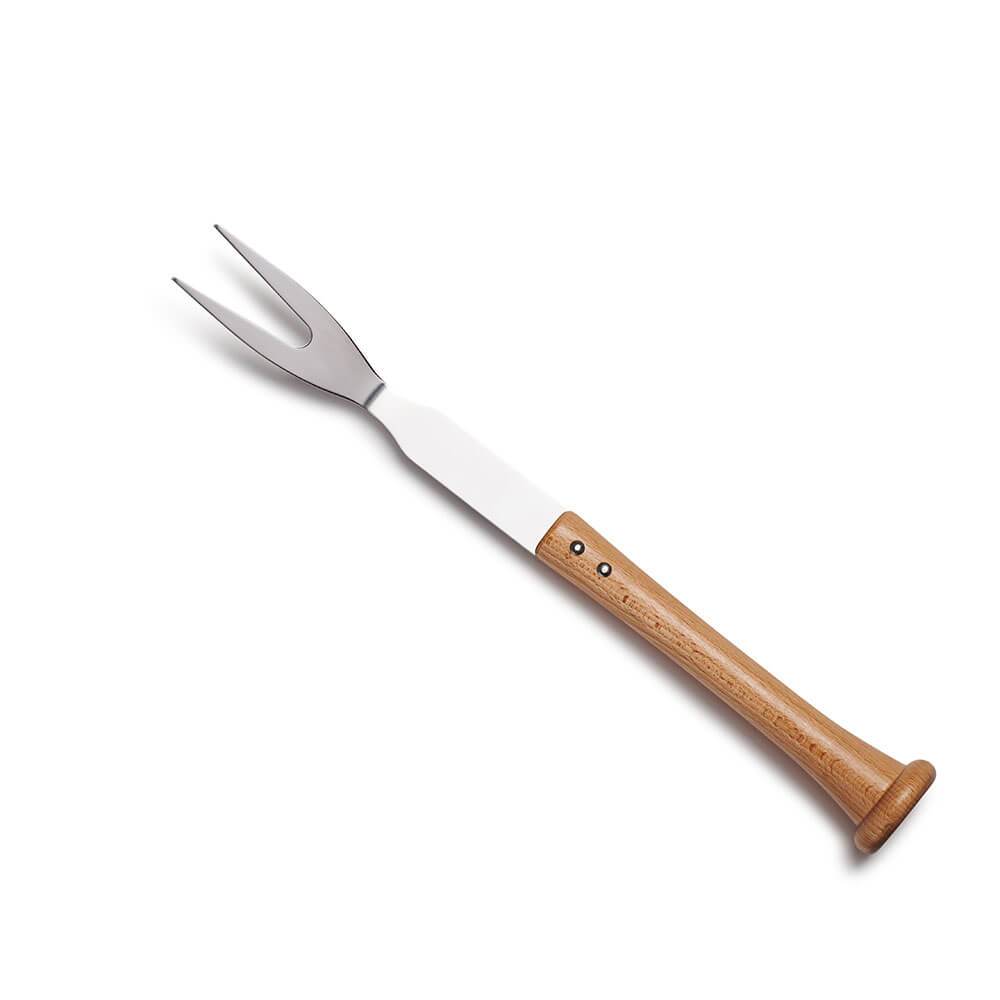 Barbecue fork with wooden baseball bat handle on a white background