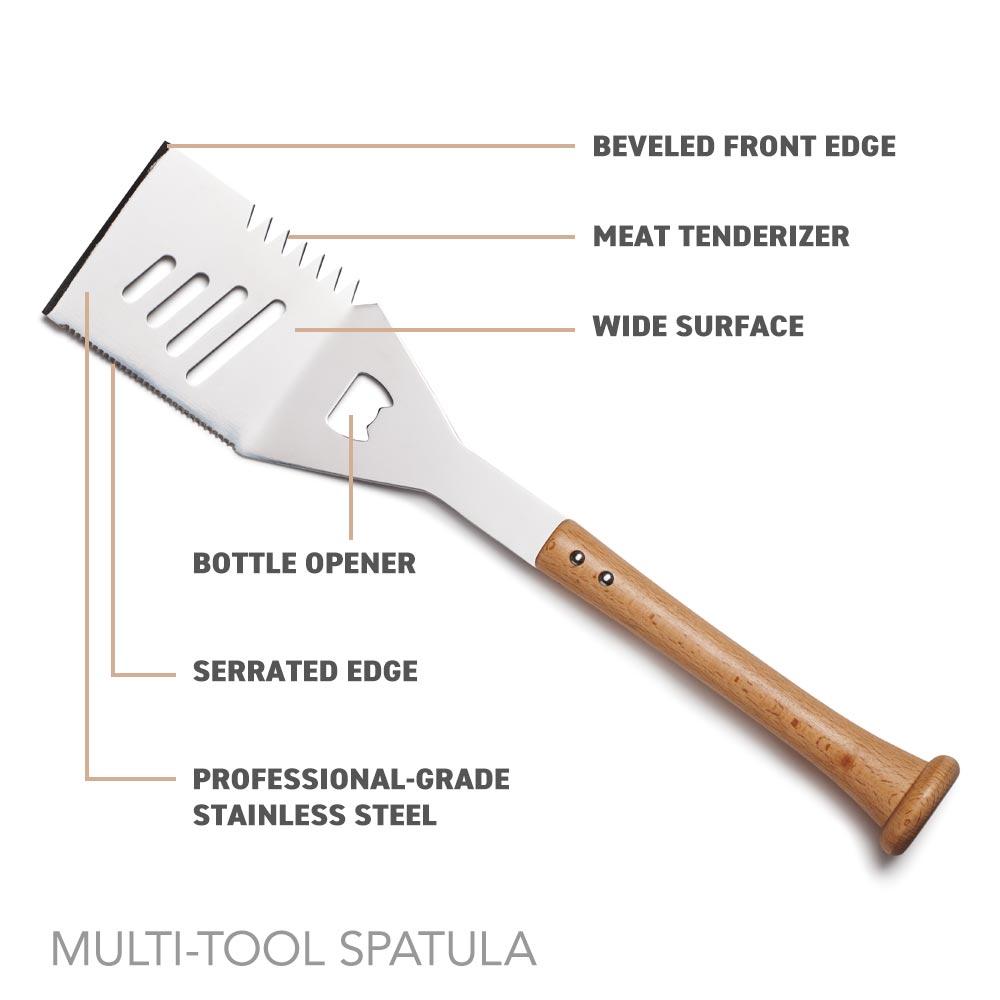Multi-tool baseball bat bbq grill spatula with labeled features on a white background