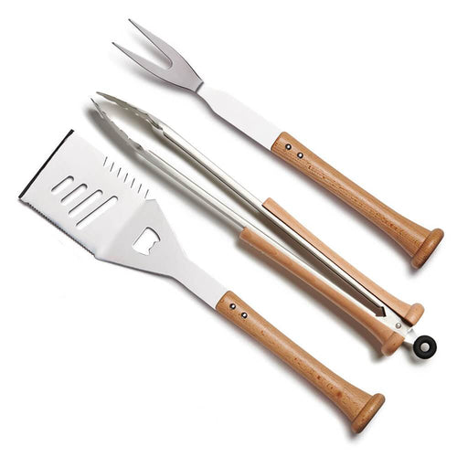 Set of three barbecue utensils with wooden baseball bat handles on a white background