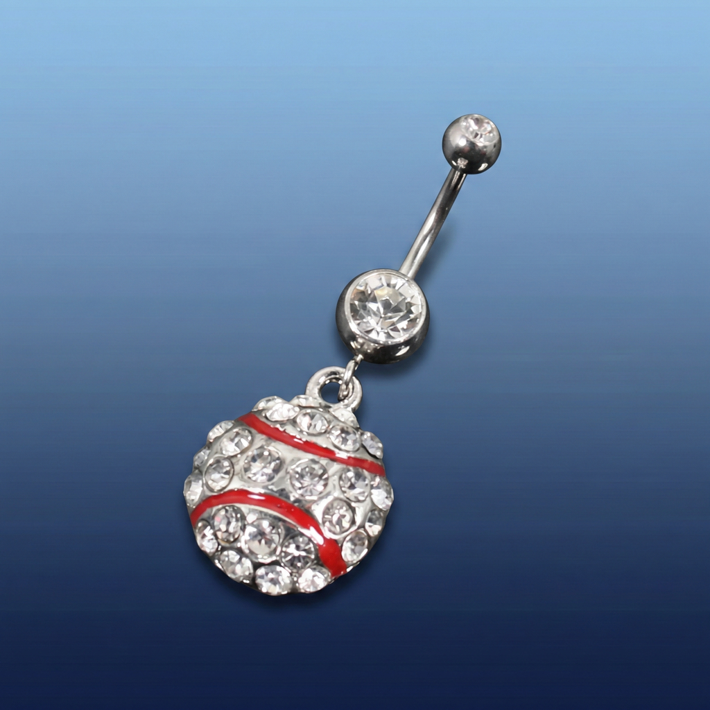 Belly button ring with a baseball design on a blue gradient background