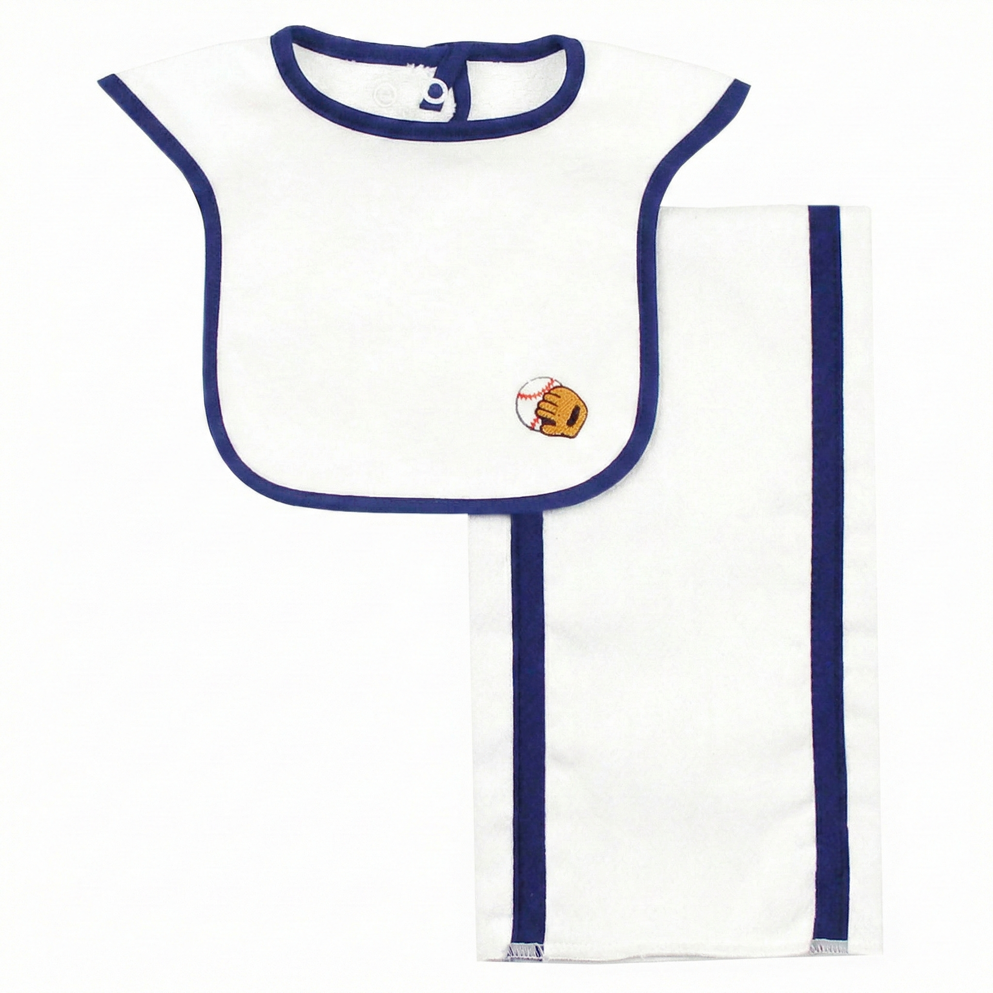 baseball ball and glove bib and burp set on white background
