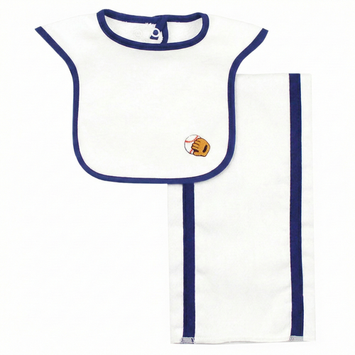 baseball ball and glove bib and burp set on white background