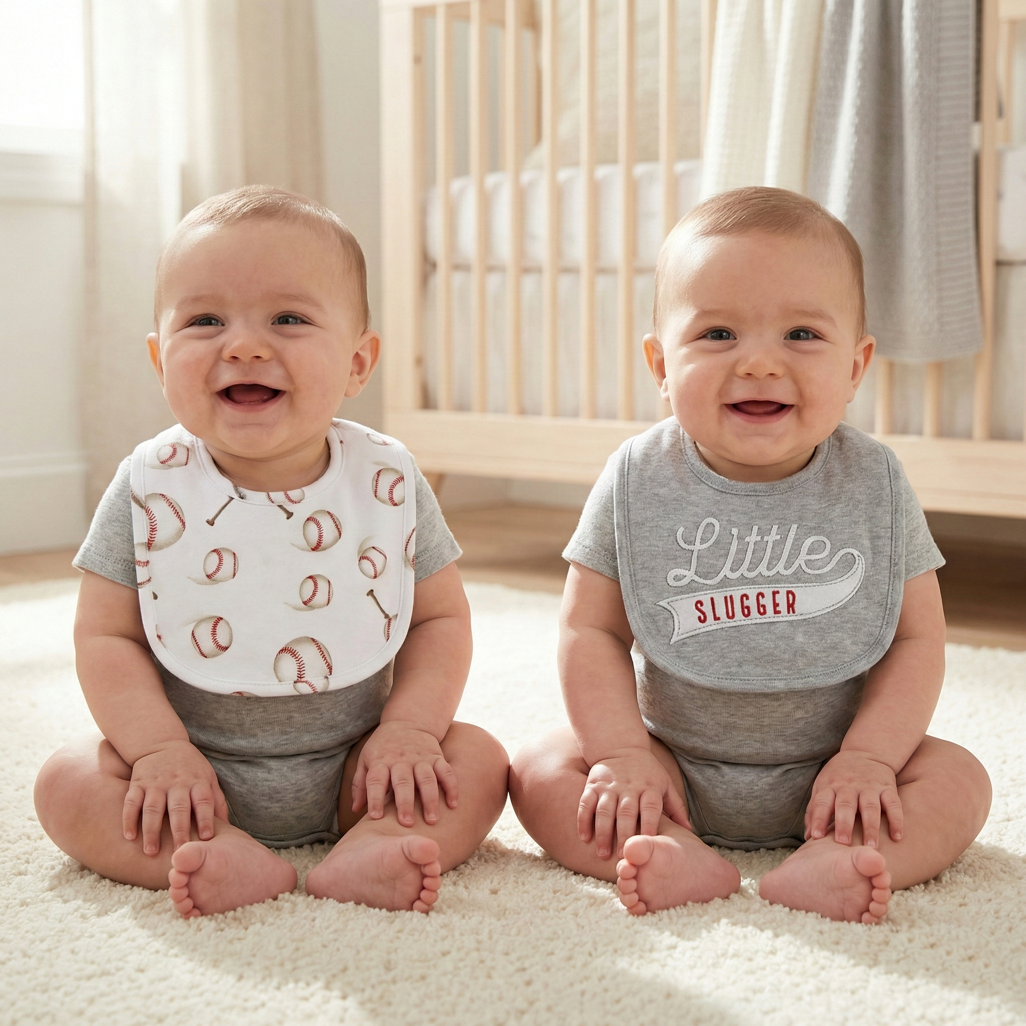 Twins wearing Mud Pie Little Slugger Baseball Bibs in the bedroom