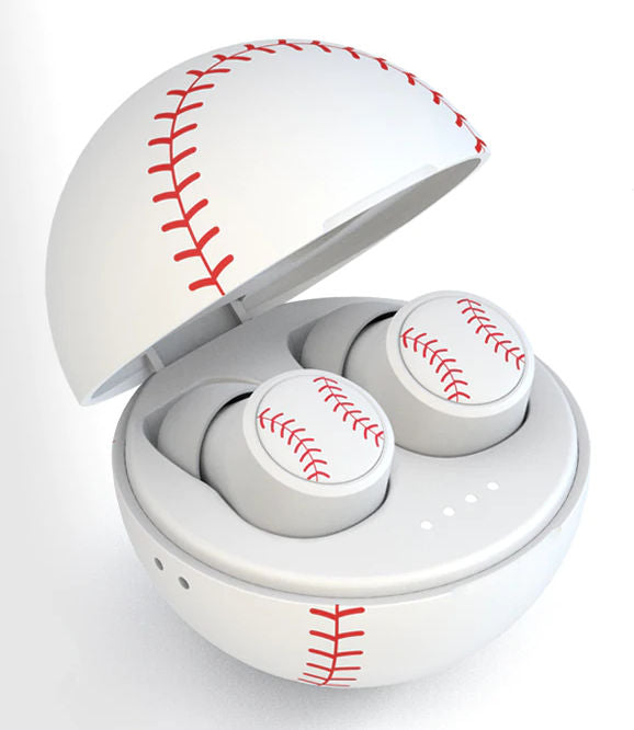 White wireless earbuds headphones in a baseball-shaped case on a white background