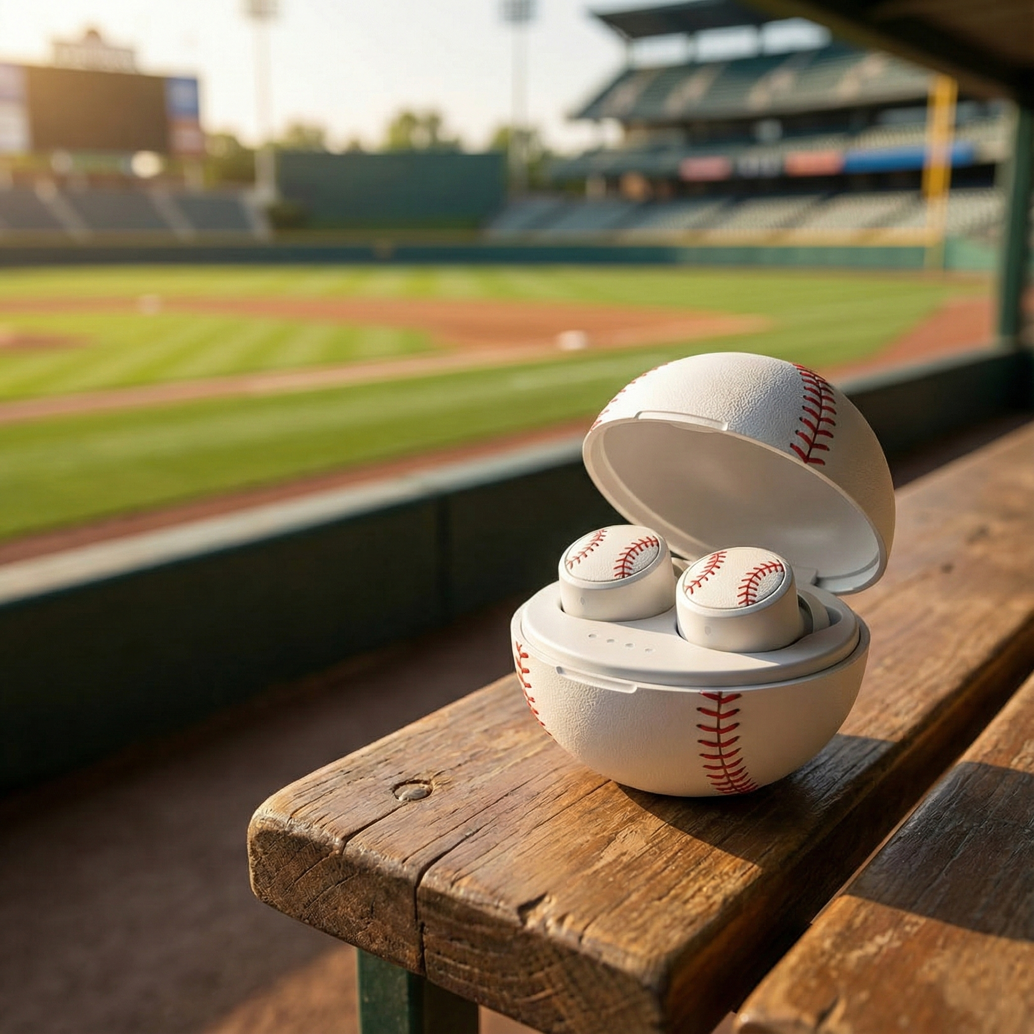 Baseball-themed wireless earbuds in a case on a wooden bench at a baseball stadium.
