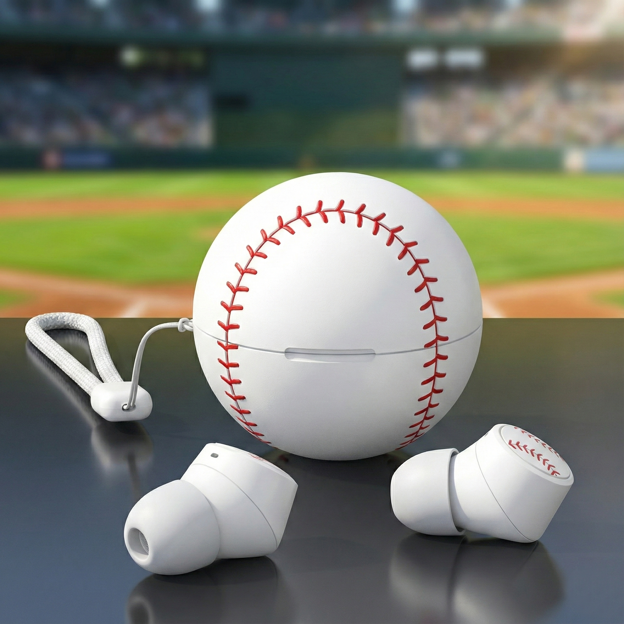White wireless earbuds with a baseball on a reflective surface, with a sports stadium in the background.