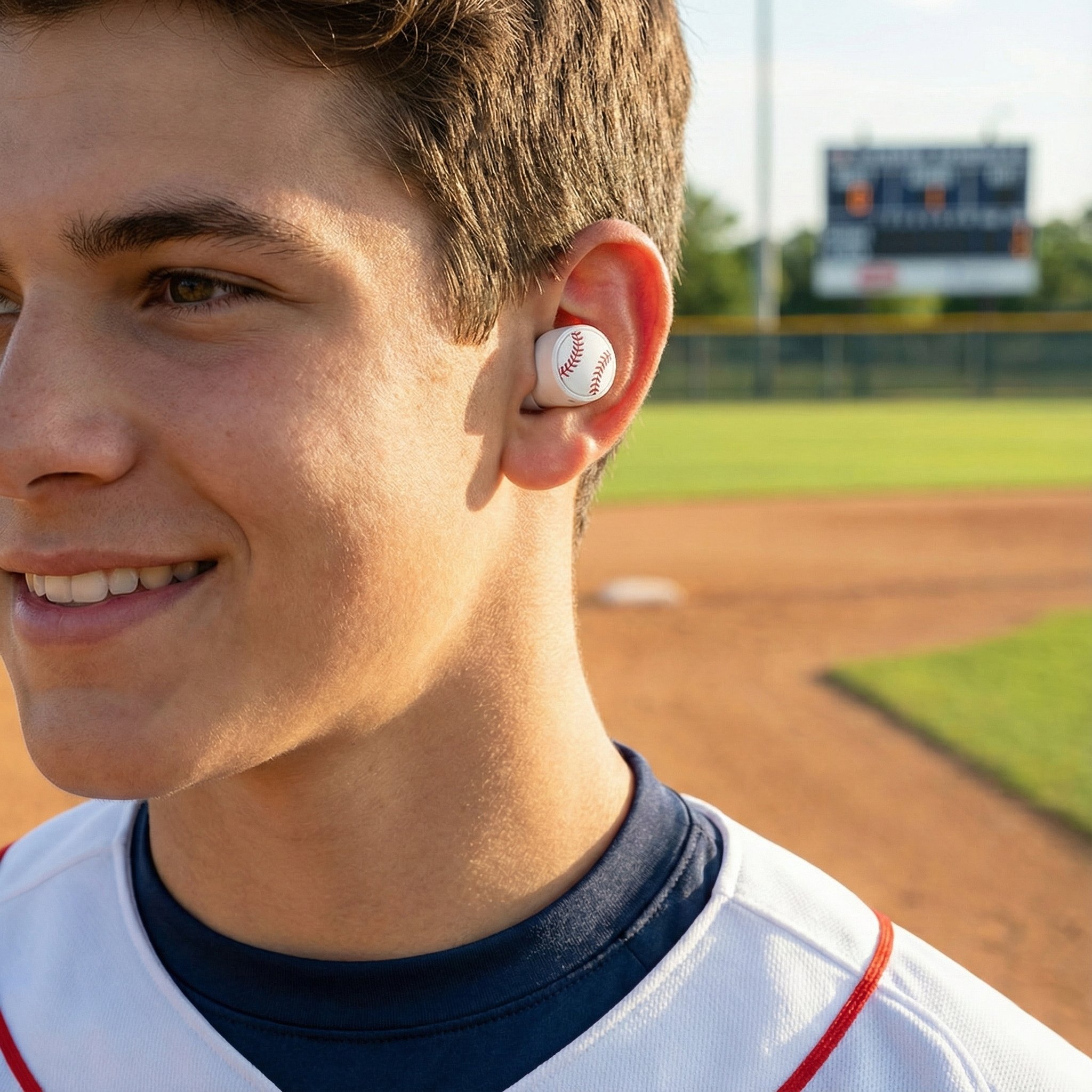Young baseball player with a baseball headphone in his ear on a baseball field