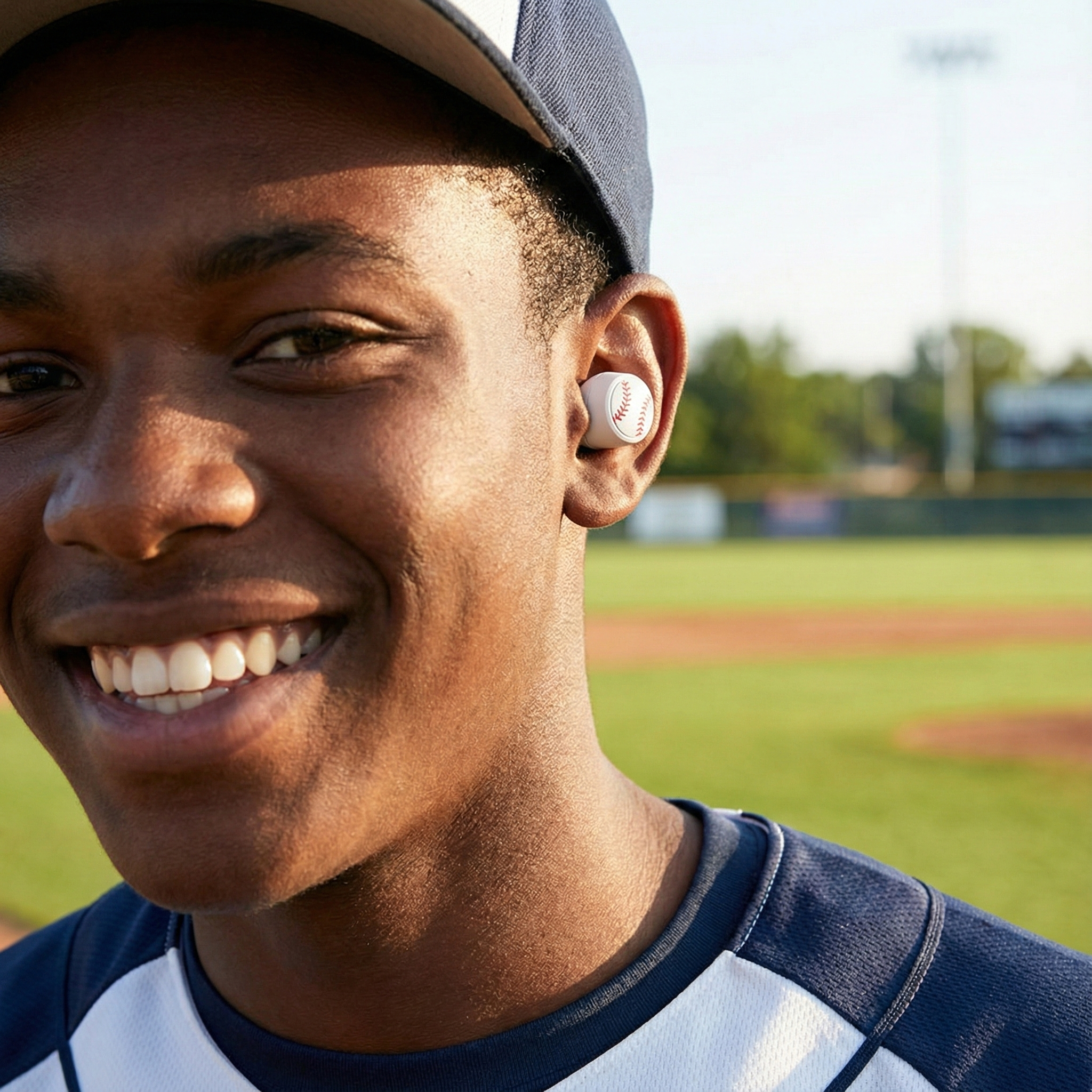 Young man on a baseball field with a baseball headphone ear bud in his ear