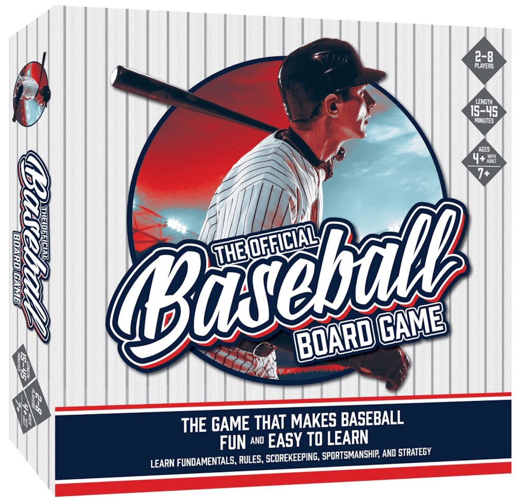 Baseball board game box with a player image and text on a white background