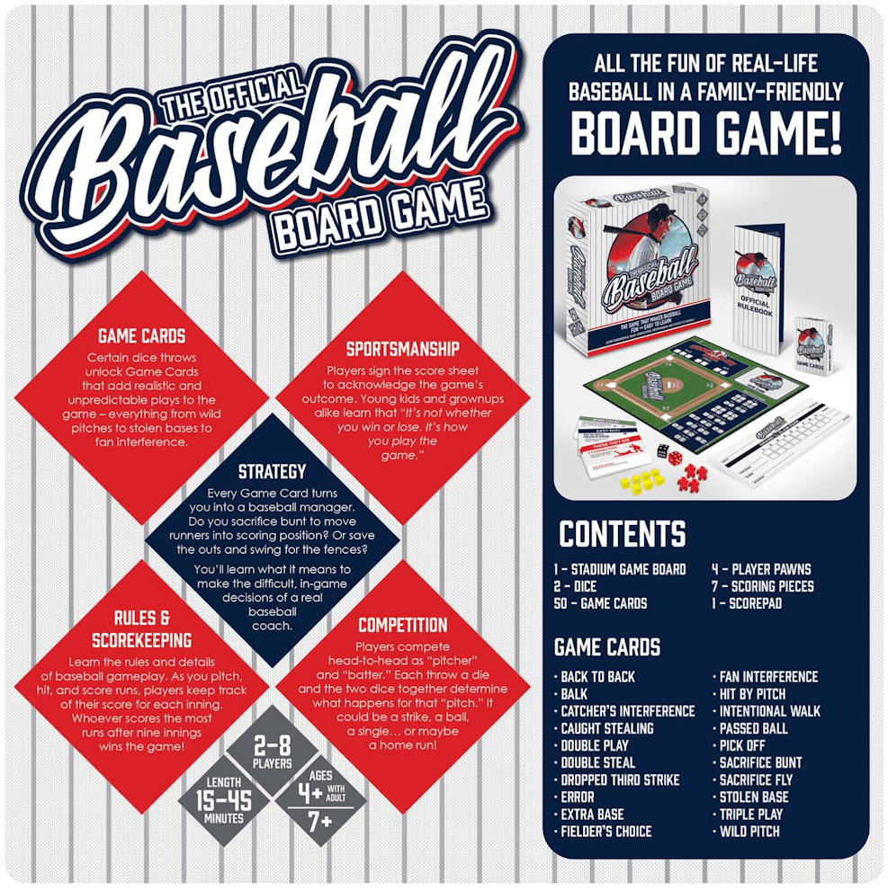 Baseball board game packaging with rules and contents on a baseball-themed background