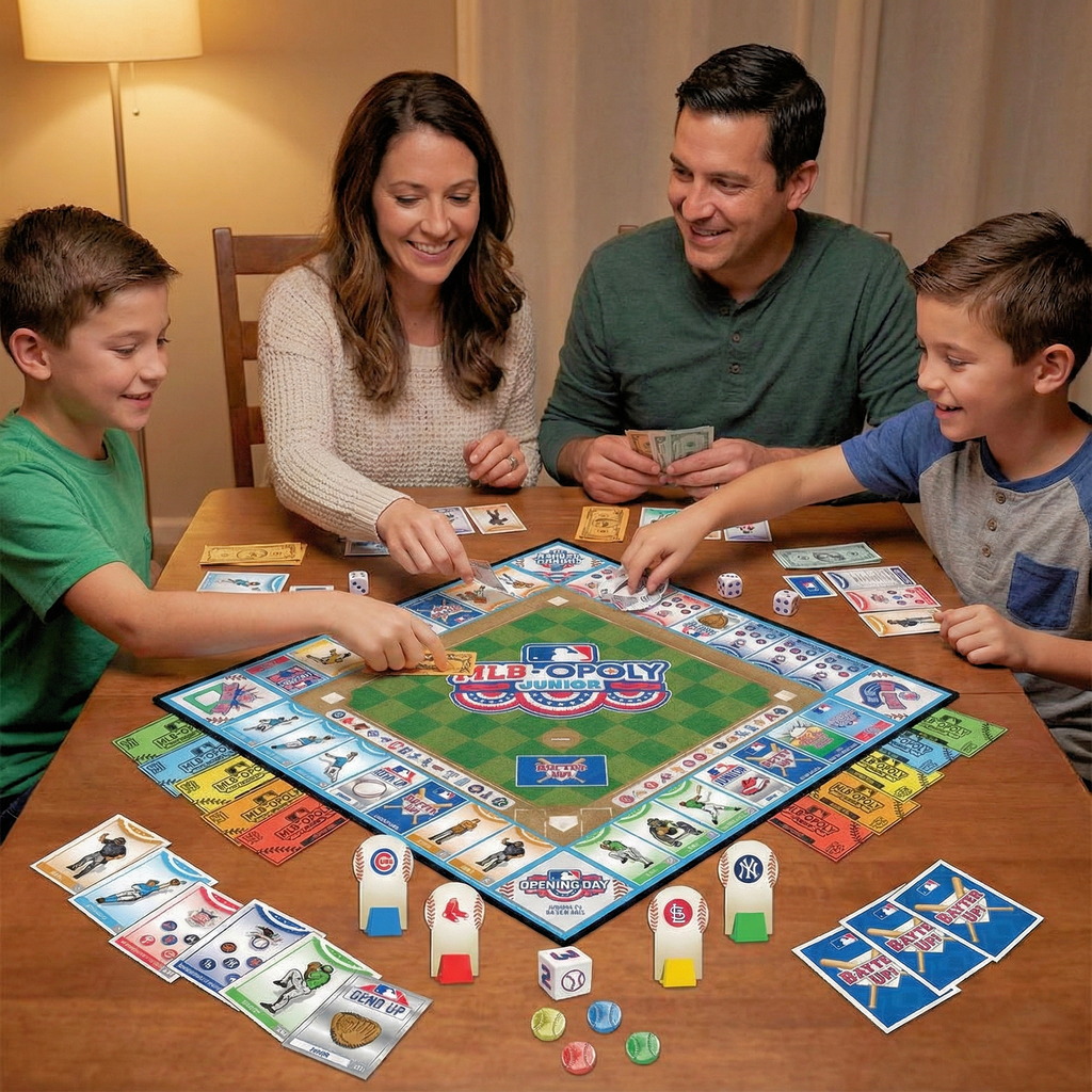 Family playing MLB‑OPOLY Junior Collector’s Edition Baseball Board Game together on a wooden table.