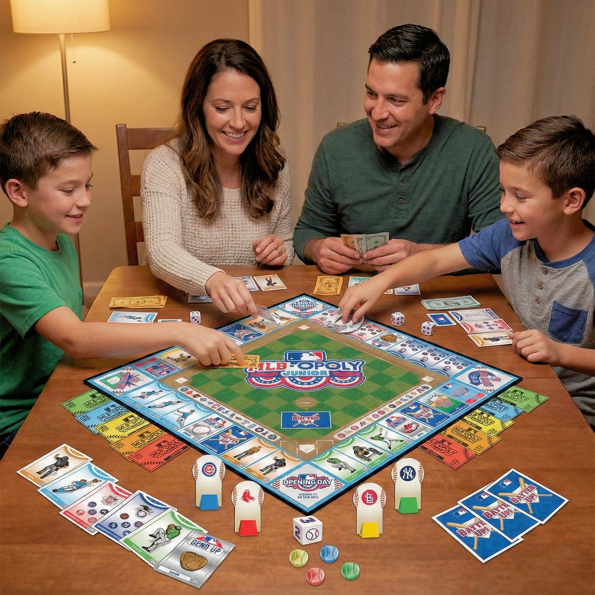 Family playing MLB‑OPOLY Junior Collector’s Edition Baseball Board Game together on a wooden table.
