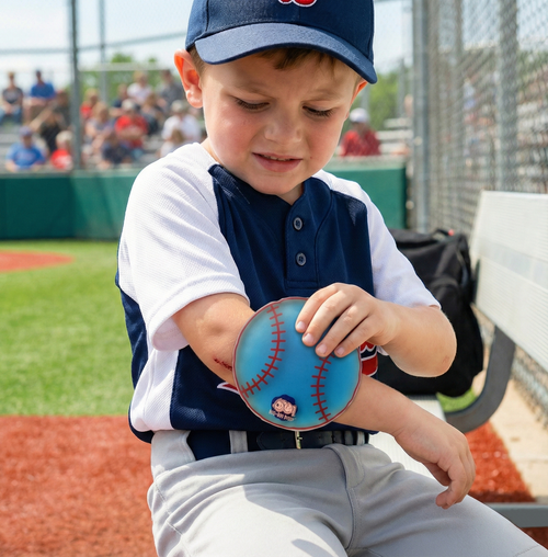 Child in baseball uniform holding a blue  boo boo buddy baseball ice pack on a baseball field.