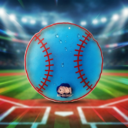 Blue and red baseball-shaped ice pack with 'Boo Boo Buddy' logo on a sports field background
