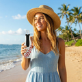 Woman on a beach holding a bottle with a baseball koozie wrap, wearing a straw hat and light blue dress.