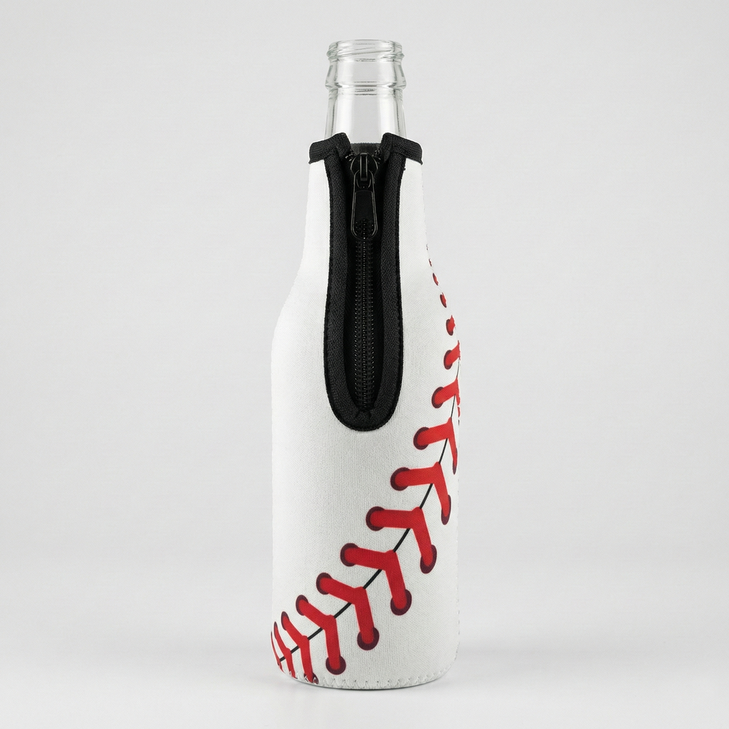 Bottle koozie cooler with baseball design on a white background