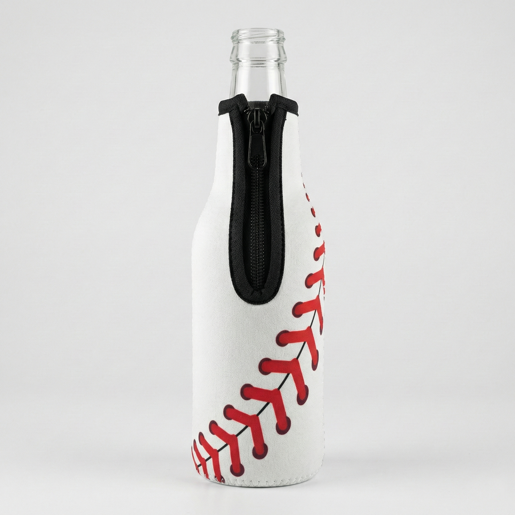 Bottle koozie cooler with baseball design on a white background