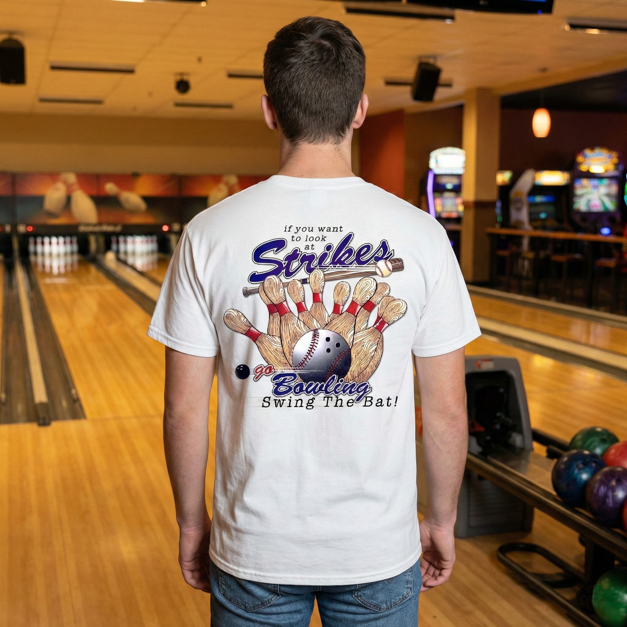 Person wearing a white baseball t-shirt with a sports-themed design in a bowling alley.
